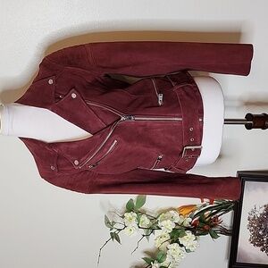 LaMarque Laetica Burgundy Leather Suede Moto Biker Jacket Luxury Celeb Style